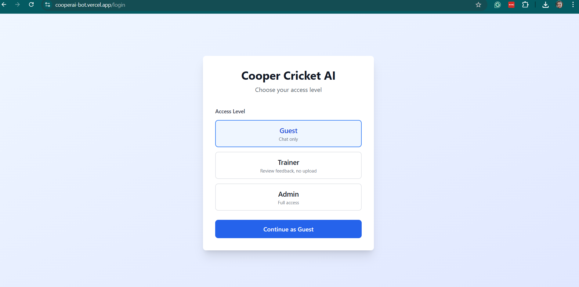 Cooper Cricket Chatbot AI screenshot